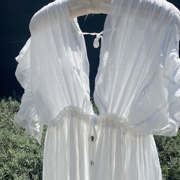 New Boho Deep Plunge Maxi Gauze Cover Up Dress Summer White Cotton Blend - Picture 5 of 6